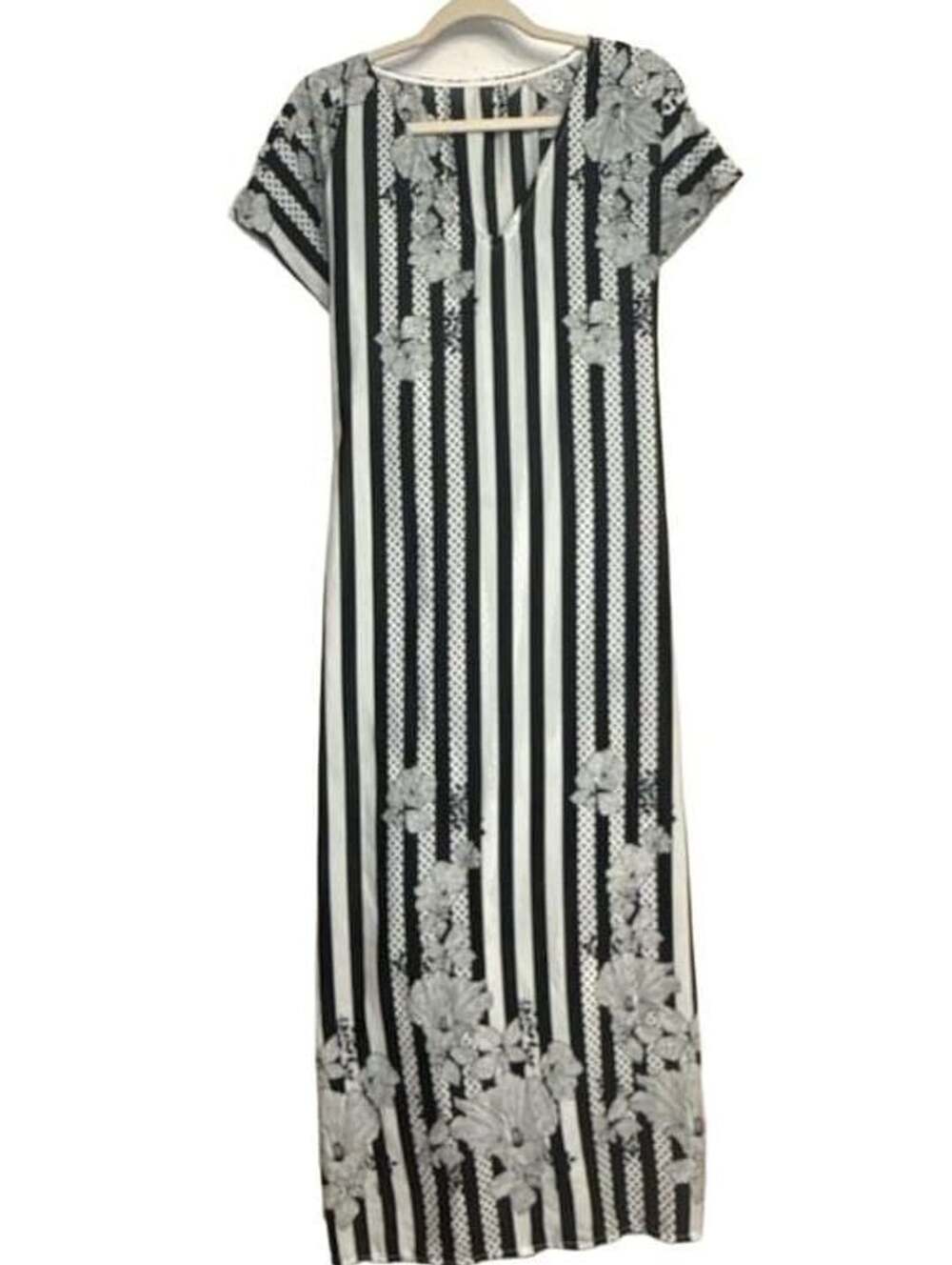 Vintage Sheer Maxi Dress Black White Striped Floral